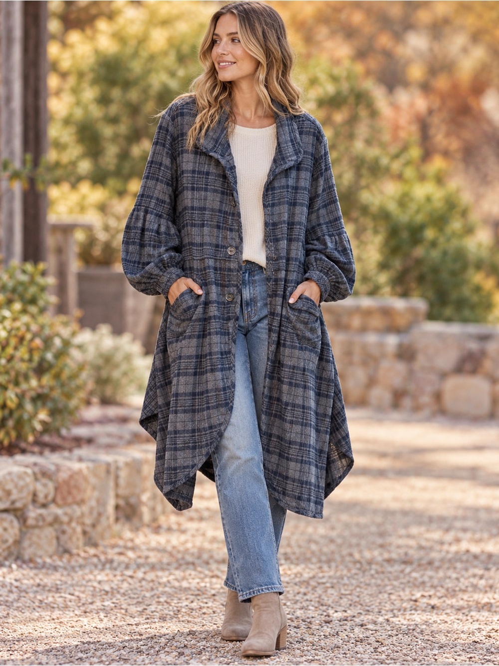 Free People Plaid Flannel Duster Jacket S Blue Gray Oversized Boho Coatigan